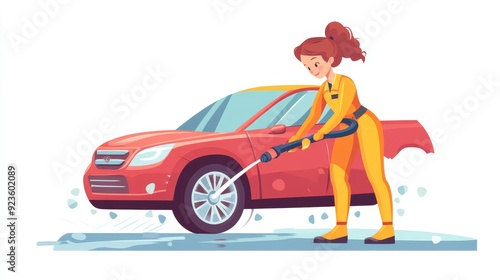 Concept of carwash job. Woman in uniform using water hose. Cleanliness and hygiene. Young girl by car. Cartoon vector illustration on white background. 