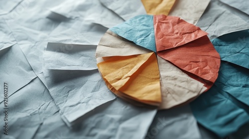 A circle of vividly colorful fabric pieces placed on a crumpled paper background, creating a visually interesting contrast between vibrant colors and textured surface. photo