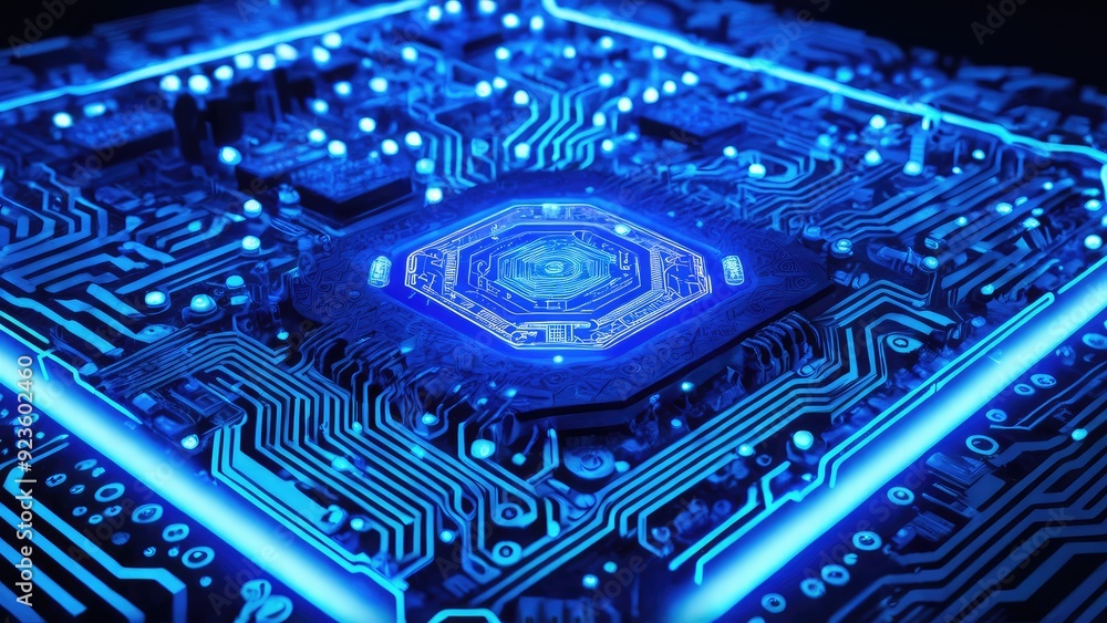 Microprocessor With Blue Color Theme A detailed view of a blue-lit circuit board, highlighting the ...