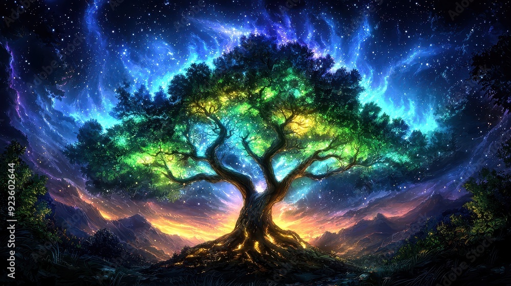 Fototapeta premium A vibrant tree under a starry sky, radiating colorful energy and life, embodies the beauty of nature and cosmic wonder.