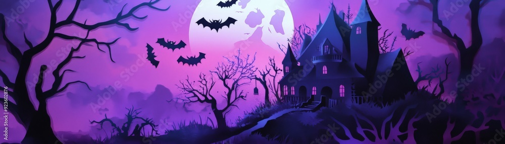 Spooky haunted house on a hill surrounded by leafless trees, bats flying under a full moon, eerie and atmospheric Halloween night. Spooky haunted house on a hill surrounded by leafless trees, bats flying under a full moon, eerie and atmospheric Halloween night.