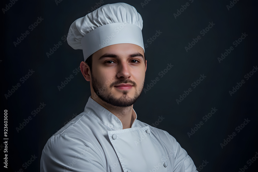 Portrait of Young handsome chef in white outfit with crossed arms looking at camera