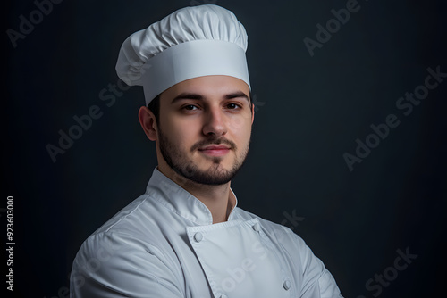 Obraz na płótnie Portrait of Young handsome chef in white outfit with crossed arms looking at camera w salonie