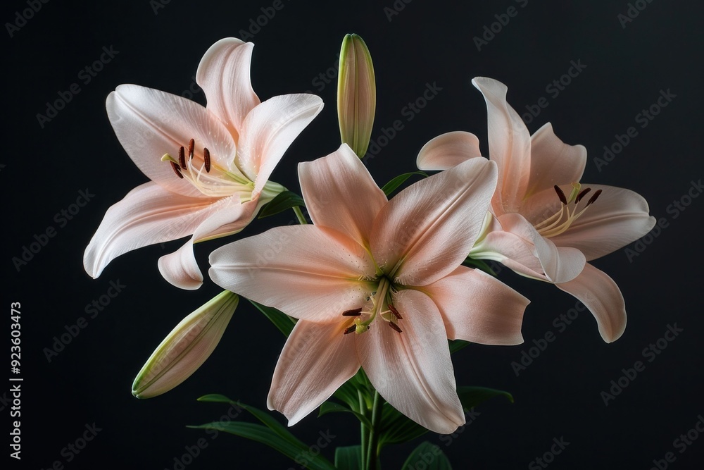 Fototapeta premium Delicate pink lilies in bloom, showcasing elegant petals against a dark background
