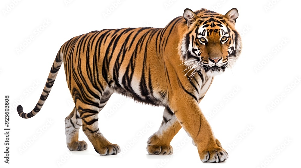 Obraz premium Regal Bengal Tiger Showcasing Striking Stripes on White Background