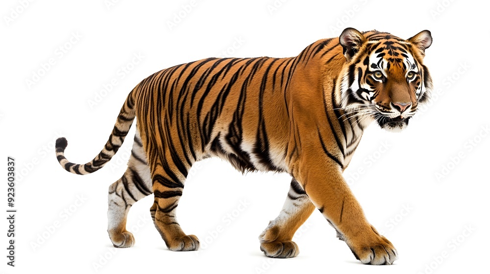 Obraz premium Majestic Bengal Tiger Prowling Forward with Piercing Gaze on White Background