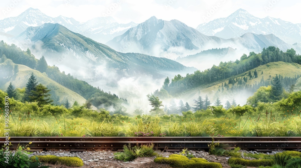 Fototapeta premium Misty mountains and lush greenery alongside a railway track during the morning