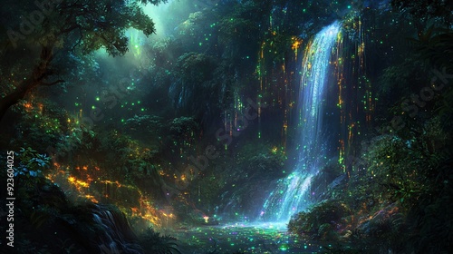A waterfall cascades down a cliff face, its water infused with glowing particles that create a mesmerizing light show. The surrounding forest is lush and vibrant, with trees whose leaves shimmer with