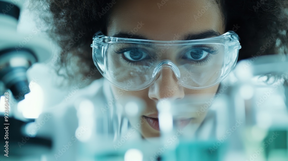 An afro-haired scientist wearing protective goggles is deeply engaged with a microscope in a laboratory, illustrating scientific dedication and the use of advanced technology. An afro-haired scientist wearing protective goggles is deeply engaged with a microscope in a laboratory, illustrating scientific dedication and the use of advanced technology.
