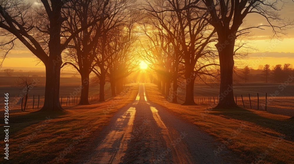 Golden sunset illuminating a gravel road lined with bare trees in the countryside