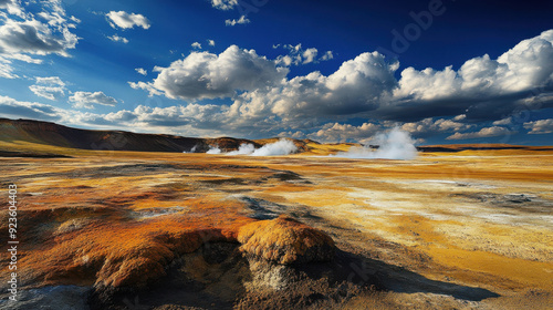 A sharp photograph of a geothermal area with colorful mineral deposits and steam vents. The vivid hues and detailed textures create a mesmerizing natural landscape. photo