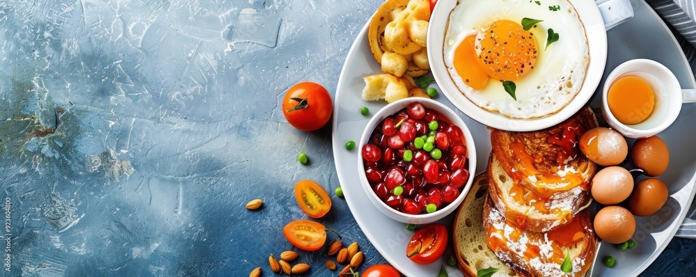 Overhead shot of a hearty breakfast platter, gray-blue background Overhead shot of a hearty breakfast platter, gray-blue background