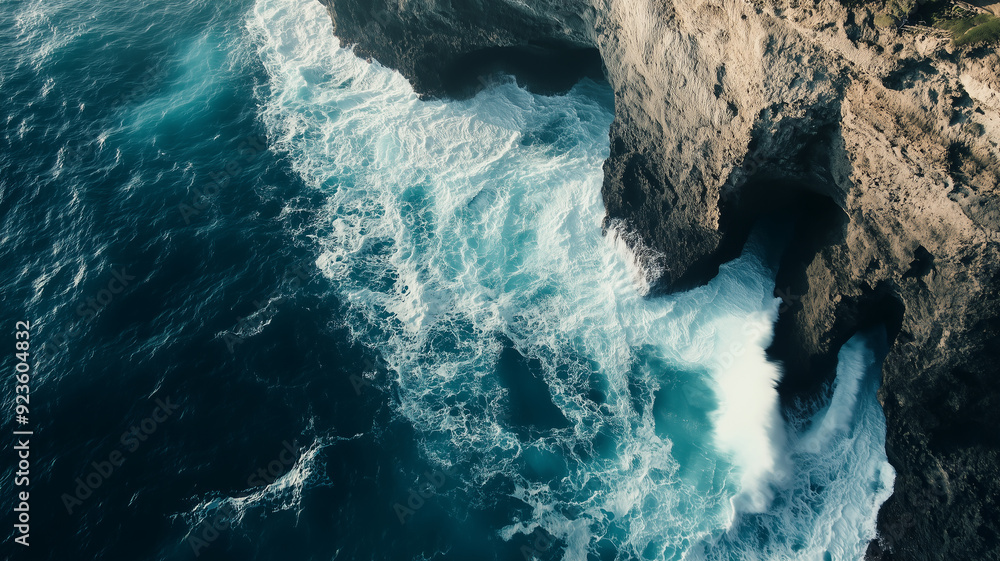 Aerial view of towering coastal cliffs with waves crashing against them, highlighting the raw power and beauty of nature Aerial view of towering coastal cliffs with waves crashing against them, highlighting the raw power and beauty of nature