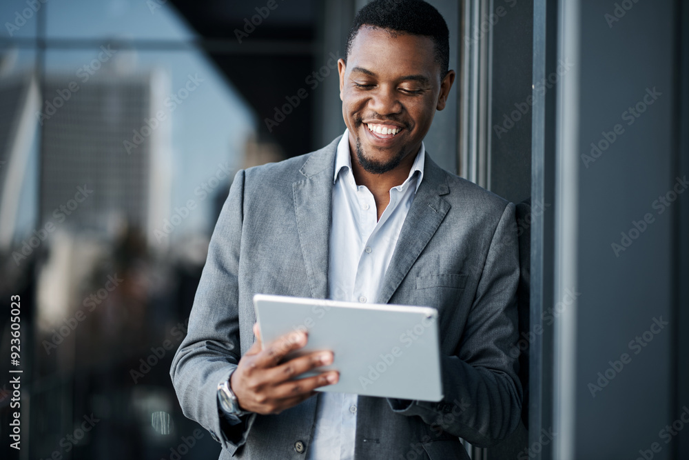 Black man, tablet and happy in office for professional career, good news and business opportunity. Human resources, technology and manager with smile for recruitment, networking or talent acquisition Black man, tablet and happy in office for professional career, good news and business opportunity. Human resources, technology and manager with smile for recruitment, networking or talent acquisition