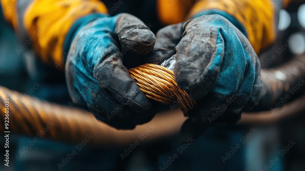 Image shows close-up of hands wearing blue gloves twisting a thick copper wire together, emphasizing precision and strength in an industrial environment. Image shows close-up of hands wearing blue gloves twisting a thick copper wire together, emphasizing precision and strength in an industrial environment.