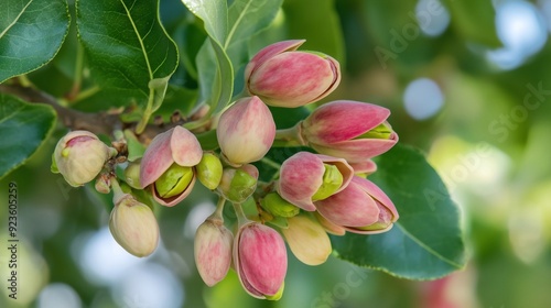 The image depicts the early flowering stage of Magnolia figo, with multiple buds in various stages of development. The background is blurred with a green tint. Bathed in warm sunlight. photo