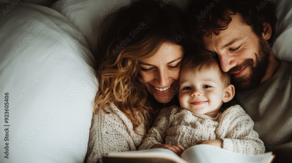 A family of three sharing a tender moment as they read a book in bed, depicting love and bonding. The parents' smiles and the child's happy expression symbolize family unity.
