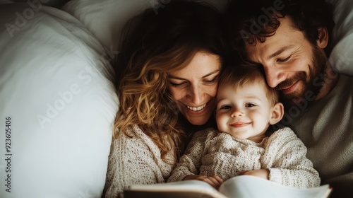 Obraz na płótnie A family of three sharing a tender moment as they read a book in bed, depicting love and bonding. The parents' smiles and the child's happy expression symbolize family unity. w salonie