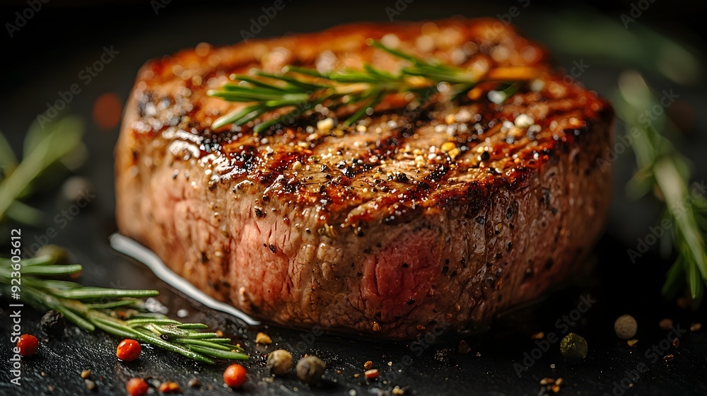 Juicy Seared Steak Garnished with Fresh Rosemary and Spices on Plate Juicy Seared Steak Garnished with Fresh Rosemary and Spices on Plate
