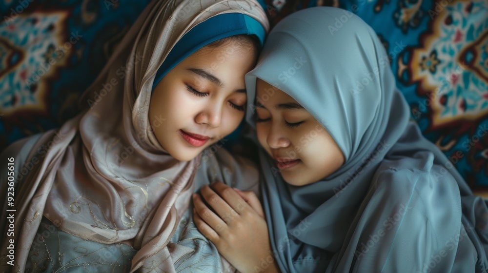Two young Asian Muslim women in hijab hugging each other. Idea for religious rituals, education and peace of mind. Two young Asian Muslim women in hijab hugging each other. Idea for religious rituals, education and peace of mind.
