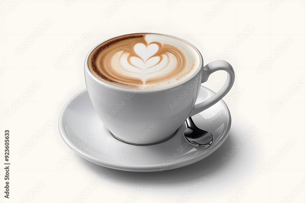 A white cup of cappuccino with a heart design on top, sitting on a saucer with a spoon. A white cup of cappuccino with a heart design on top, sitting on a saucer with a spoon.