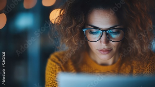 A woman wearing glasses, concentrating on her tablet in dim lighting. Her focused expression and the ambient lighting suggest a late-night work or study session.