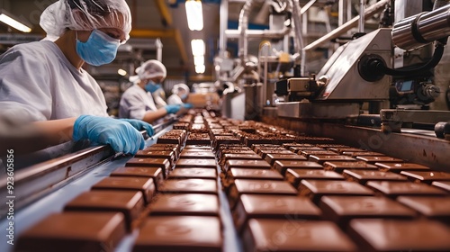 Worker in Protective Gear Operating Chocolate Bar Production Line in Factory