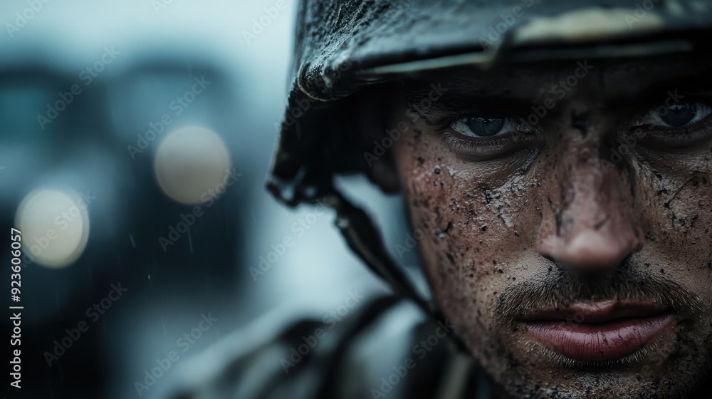 A focused, artistic image capturing a military figure in the rain, highlighting the mysterious and intense atmosphere, evoking emotions of dedication, resilience, and hardship. A focused, artistic image capturing a military figure in the rain, highlighting the mysterious and intense atmosphere, evoking emotions of dedication, resilience, and hardship.
