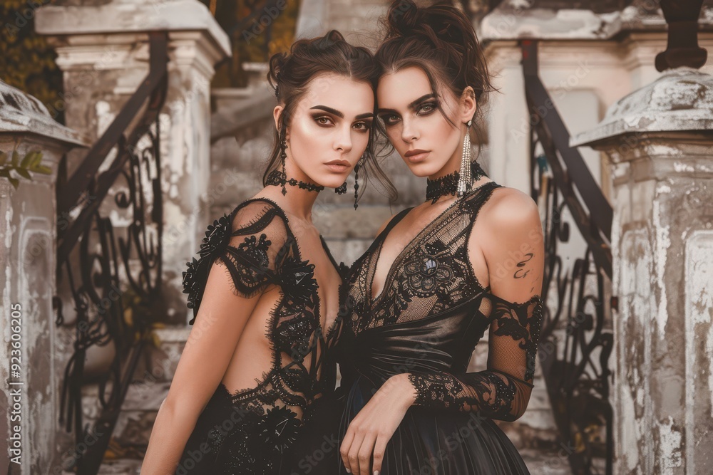 Elegant women in stylish dresses on a staircase, exuding confidence and grace in a luxurious setting. Elegant women in stylish dresses on a staircase, exuding confidence and grace in a luxurious setting.
