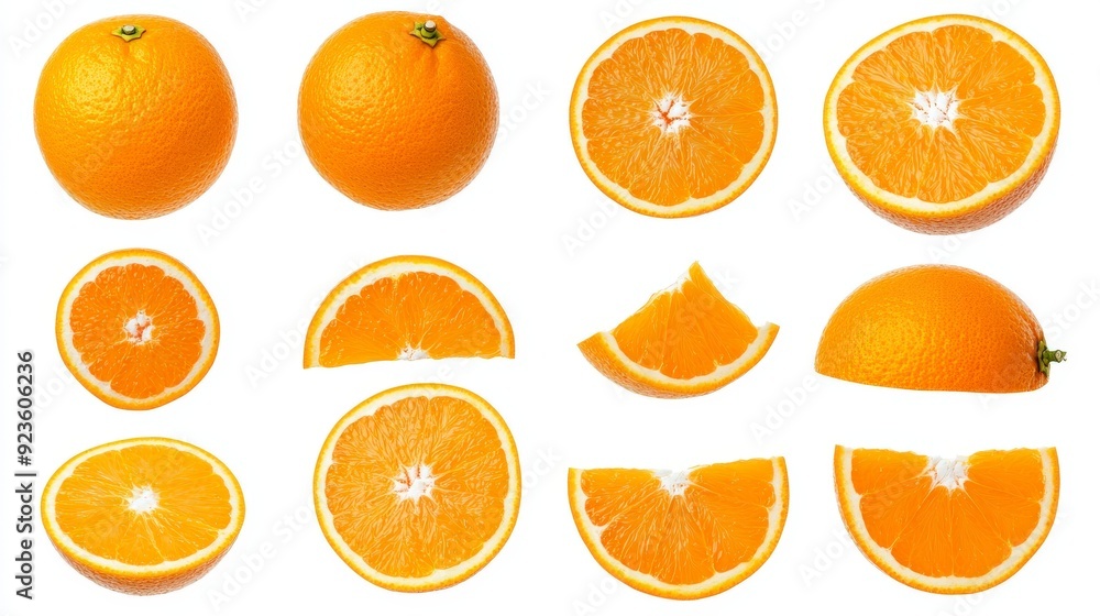 A collection of oranges and their slices arranged visually for presentation. A collection of oranges and their slices arranged visually for presentation.