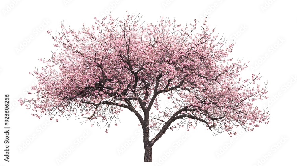 Obraz premium Lush Cherry Blossom Tree Displaying Delicate Pink Flowers on White Background