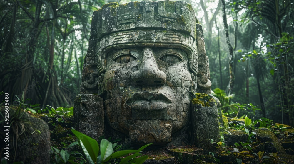 Ancient stone sculpture hidden in lush jungle during early morning light Ancient stone sculpture hidden in lush jungle during early morning light