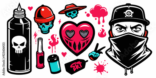 Street spray graffiti element set, sticker kit balaclava, vector grunge etro urban ghetto print. Gangster tattoo kit, underground can hip-hop sign, heart, skull silhouette, arrow. Street graffiti