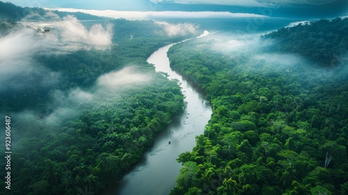 Wallpaper Mural Serene river flowing through dense rainforest under a misty sky at dawn Torontodigital.ca