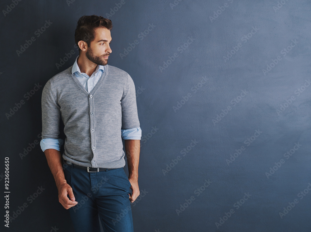 Studio, thinking and businessman with mockup for fashion, casual clothes and planning for profession. Career, sales person and ideas by backdrop for corporate job, cool style and isolated background Studio, thinking and businessman with mockup for fashion, casual clothes and planning for profession. Career, sales person and ideas by backdrop for corporate job, cool style and isolated background