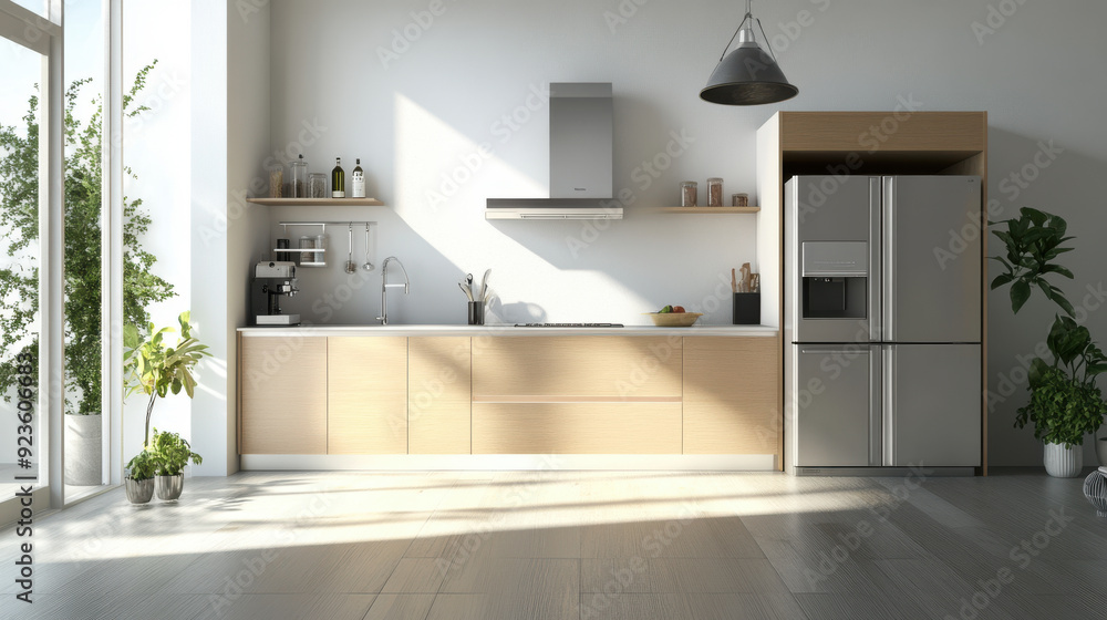 A well-organized kitchen with modern appliances and minimalistic design, showcasing simplicity and cleanliness. A well-organized kitchen with modern appliances and minimalistic design, showcasing simplicity and cleanliness.