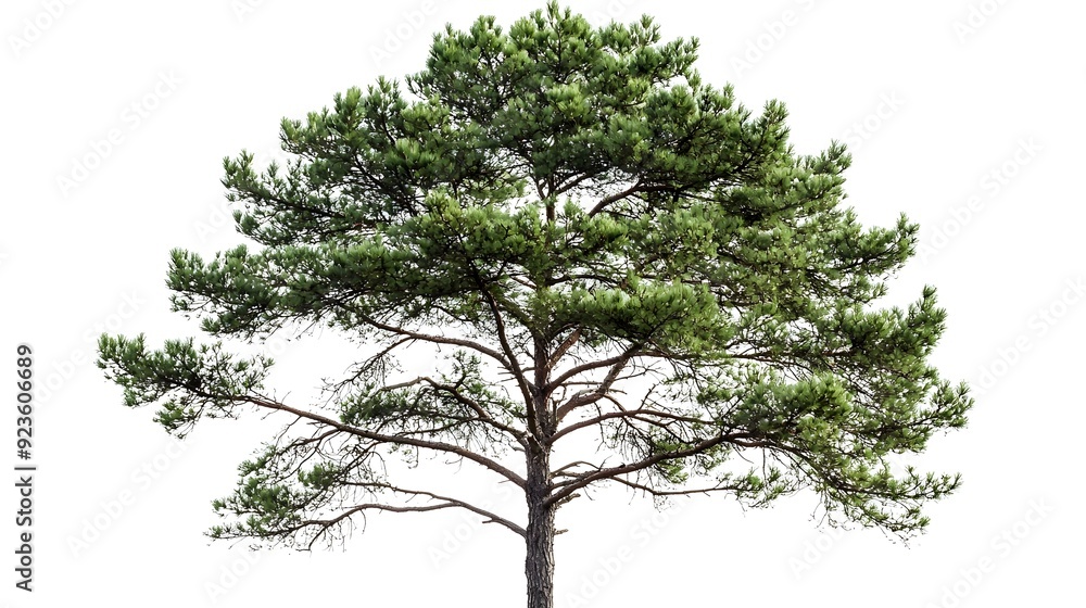 Fototapeta premium Majestic Evergreen Pine Tree with Symmetrical Branches and Dense Needles on White Background