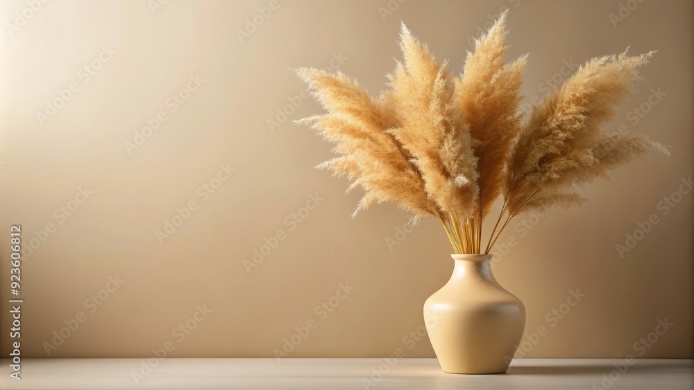 Naklejka premium Golden pampas grass in a round beige vase on background, pampas grass, golden, round vase, beige,background, decor, interior