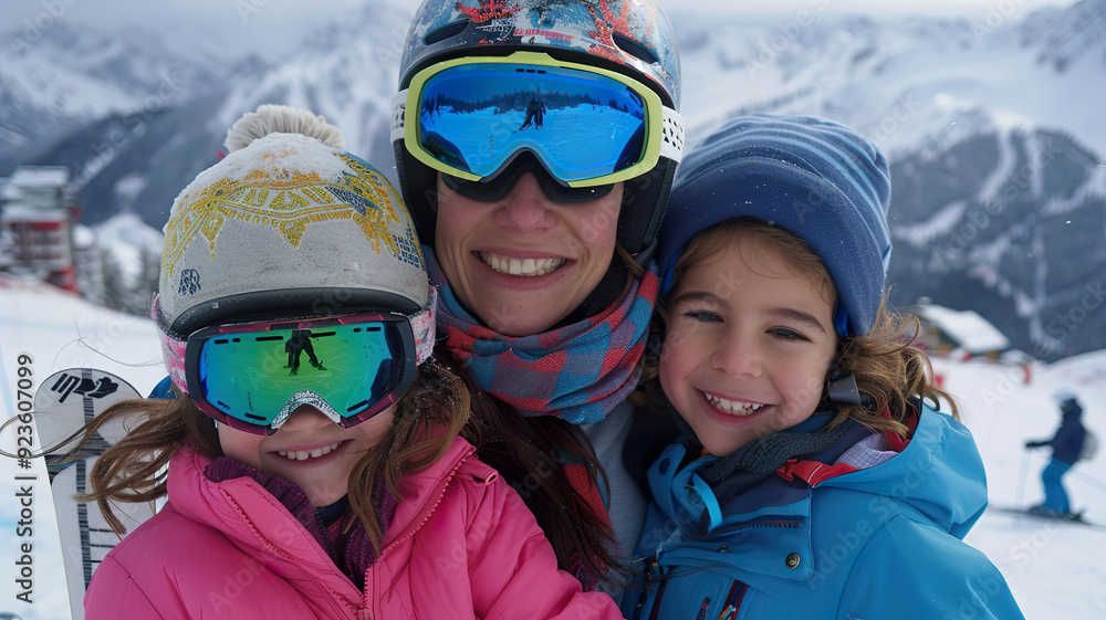 A woman and her two children are skiing on a mountain, generative ai. A woman and her two children are skiing on a mountain, generative ai.