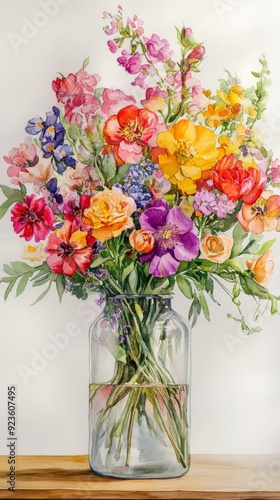 Wallpaper Mural Vibrant bouquet of colorful flowers in a glass vase, beautifully arranged on a wooden table, perfect for spring and summer decor. Torontodigital.ca
