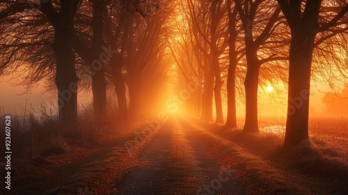 Golden sunrise illuminating a foggy path lined with trees in a serene rural landscape