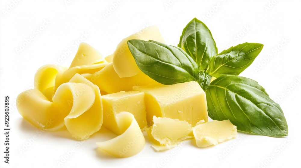 Delicious Butter Curls and Fresh Basil Leaves on White Background Delicious Butter Curls and Fresh Basil Leaves on White Background