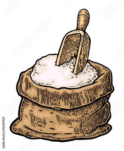 Sack with whole flour with wooden scoop. Hand drawn sketch style. Vintage color vector engraving illustration for label, web, flayer bakery shop. Isolated on white background. © MoreVector