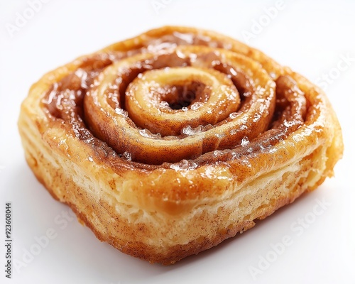 A delicious cinnamon roll with a glossy glaze, showcasing its spiral layers and rich texture.