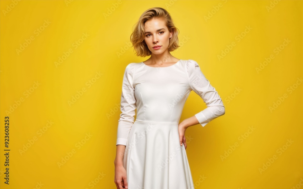 A young woman standing against a bright yellow background. She is wearing a white dress with long sleeves and a high neckline. A young woman standing against a bright yellow background. She is wearing a white dress with long sleeves and a high neckline.