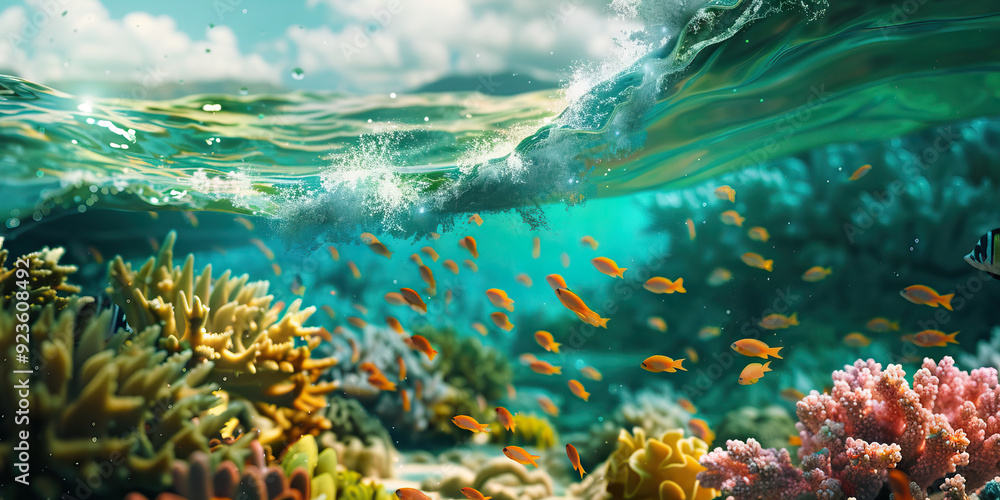 Fototapeta premium Ocean acidification is the silent killer of marine life, endangering coral reefs and fisheries: Depict ocean acidification as a corrosive wave washing over marine ecosystems