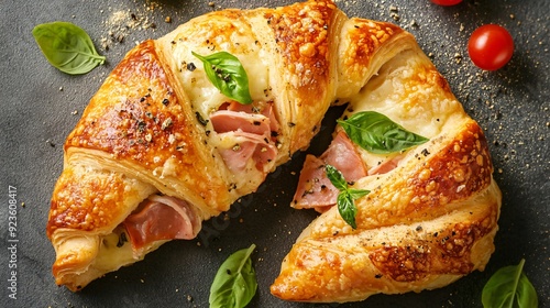 Delicious Crescent Roll with Ham, Cheese, and Basil on Grey Background