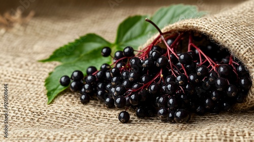 Delicious Elderberries Sambucus on Sack Cloth Closeup