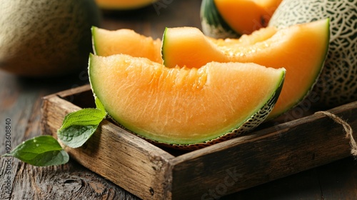 Delicious Fresh Cut Melon on Wooden Tray Closeup