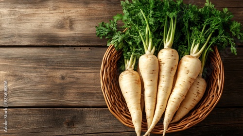 Delicious Ripe Parsnips in Wicker Basket on Wooden Table